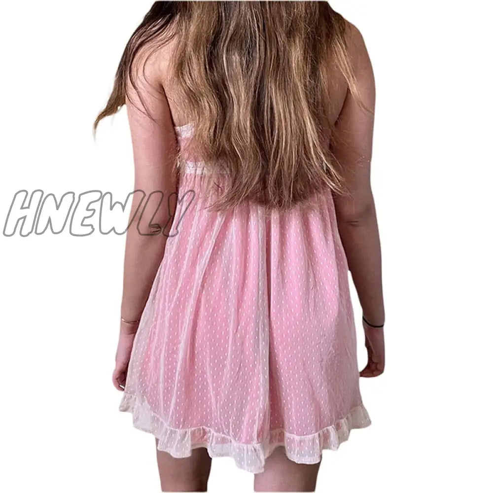 xsrrr y2k Kawaii Pink A-line Dress Summer Women Lace Mini Sundress Fashion Harajuku Sweet E Girl Clothes Streetwear