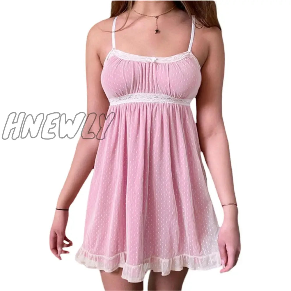 xsrrr y2k Kawaii Pink A-line Dress Summer Women Lace Mini Sundress Fashion Harajuku Sweet E Girl Clothes Streetwear