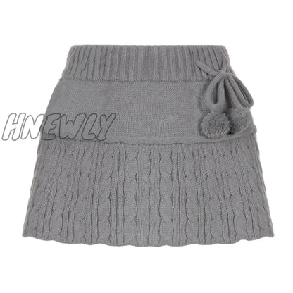 xsrrr y2k Knitted Mini Skirts Lace Up Fur Cute Sweet Pencil Skirts Twist Skinny Low Waisted Short Women Skirts Autumn Chic