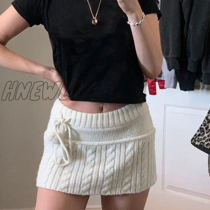 xsrrr y2k Knitted Mini Skirts Lace Up Fur Cute Sweet Pencil Skirts Twist Skinny Low Waisted Short Women Skirts Autumn Chic