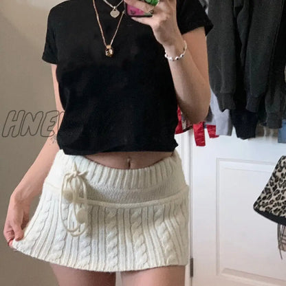 xsrrr y2k Knitted Mini Skirts Lace Up Fur Cute Sweet Pencil Skirts Twist Skinny Low Waisted Short Women Skirts Autumn Chic