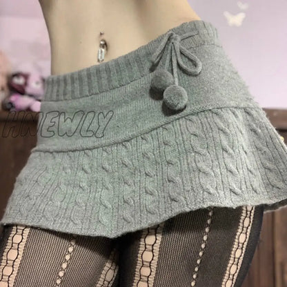 xsrrr y2k Knitted Mini Skirts Lace Up Fur Cute Sweet Pencil Skirts Twist Skinny Low Waisted Short Women Skirts Autumn Chic