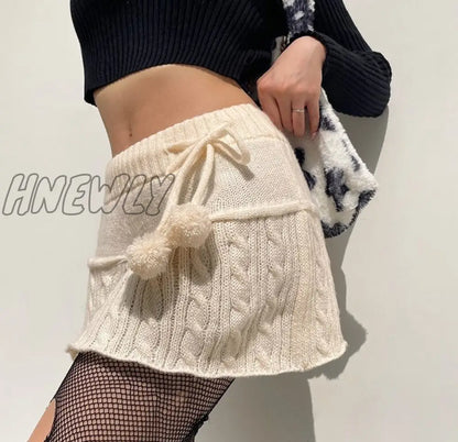 xsrrr y2k Knitted Mini Skirts Lace Up Fur Cute Sweet Pencil Skirts Twist Skinny Low Waisted Short Women Skirts Autumn Chic