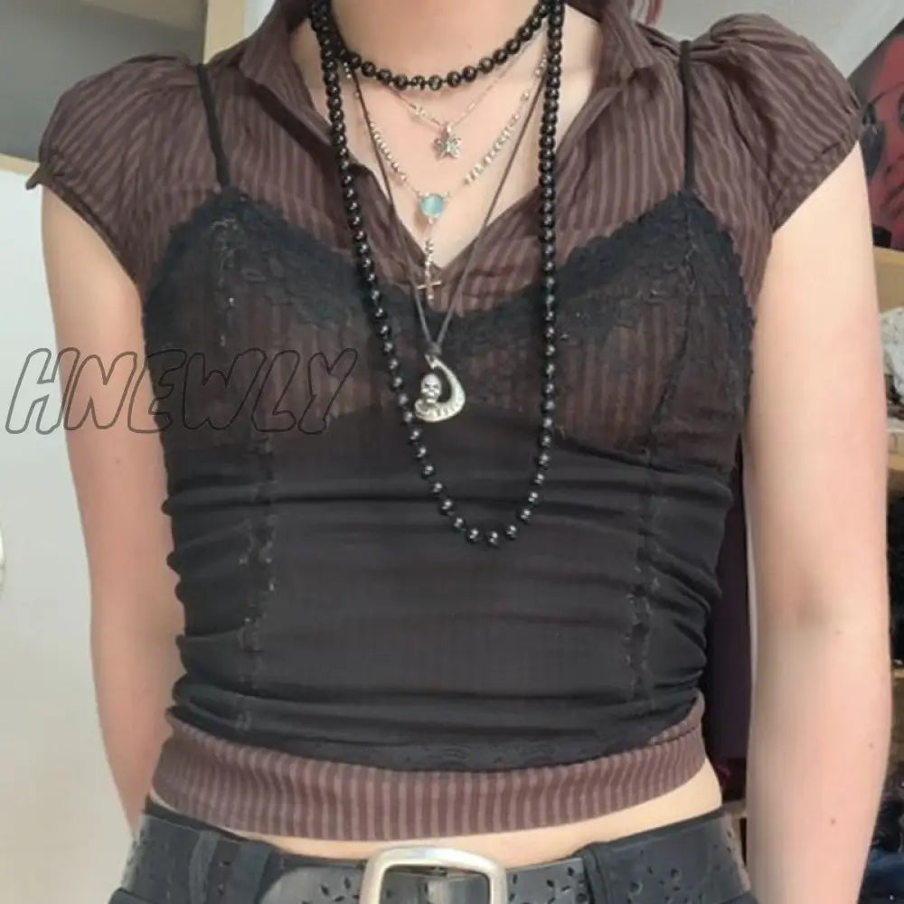 Hnewly y2k Lace Cami Summer Aesthetic Grunge Fairy Core Clothes Punk Spaghetti Strap Crop Top 2000s Women Goth Streetwear