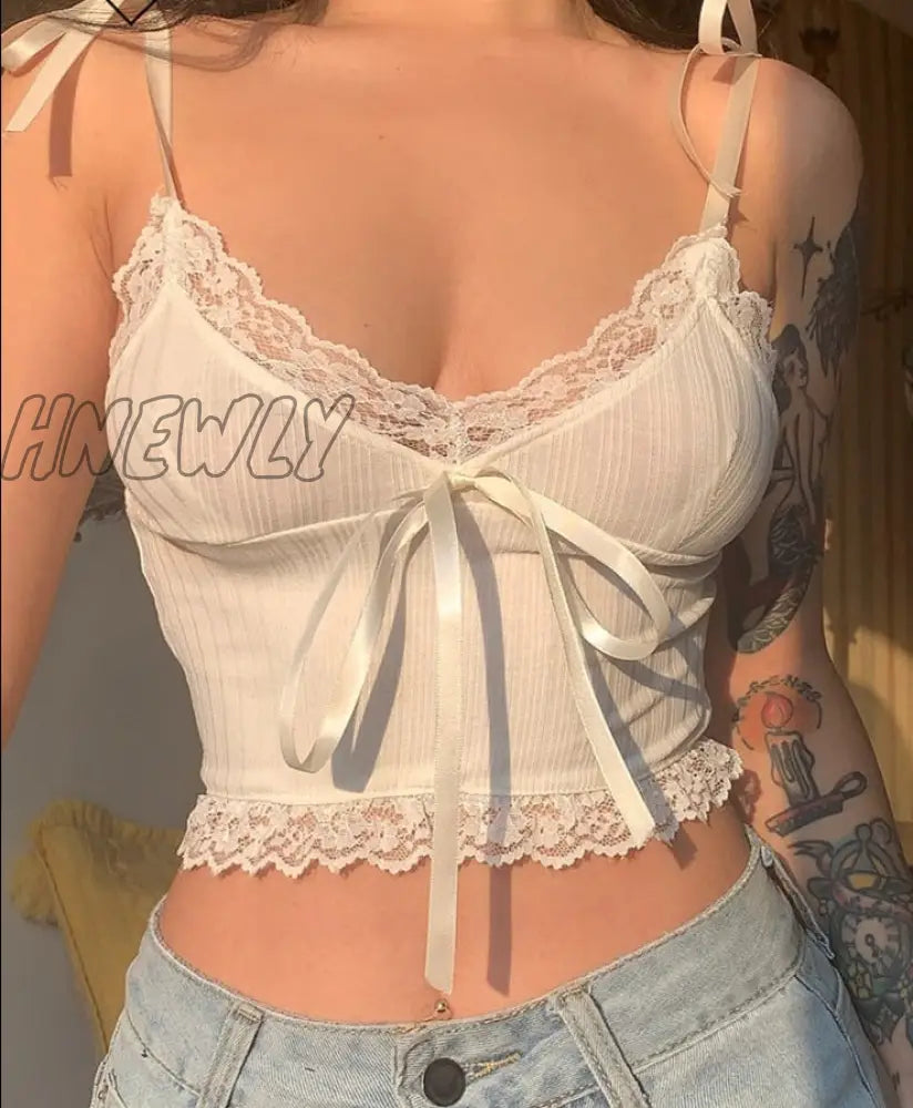 xsrrr Y2K Lace Trim Crop Top Aesthetic White Bow Cute Sweet Mini Vest Knitted Basic Casual Tee Women Summer Backless Beach