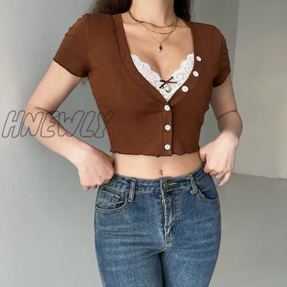 xsrrr Y2K Lace Trim Crop Top Brown Cotton Button T Shirt Short Sleeve V Neck Retro Harajuku Basic Casual Cardiagns Women Tee