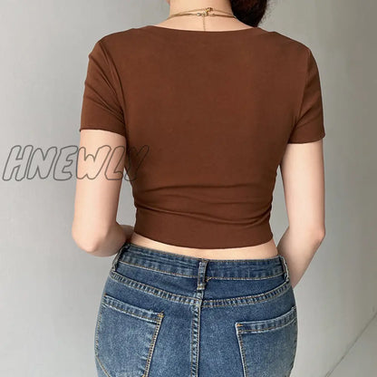 xsrrr Y2K Lace Trim Crop Top Brown Cotton Button T Shirt Short Sleeve V Neck Retro Harajuku Basic Casual Cardiagns Women Tee