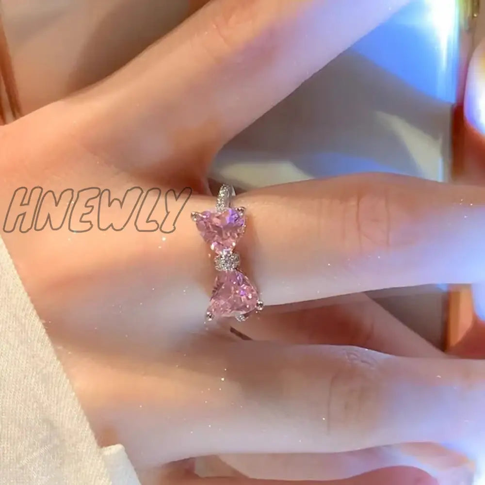 xsrrr Y2K Pink Crystal Bowknot Zircon Rings for Women Fashion Sweet Lovely Girl Open Adjustable Ring Kpop Party Jewelry Gift