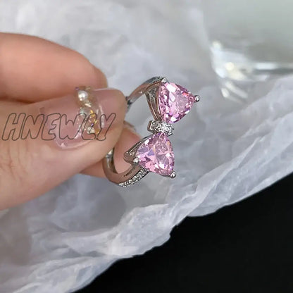 xsrrr Y2K Pink Crystal Bowknot Zircon Rings for Women Fashion Sweet Lovely Girl Open Adjustable Ring Kpop Party Jewelry Gift