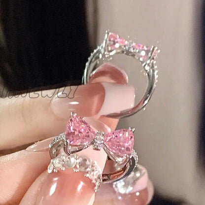 xsrrr Y2K Pink Crystal Bowknot Zircon Rings for Women Fashion Sweet Lovely Girl Open Adjustable Ring Kpop Party Jewelry Gift