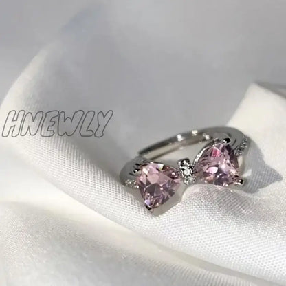 xsrrr Y2K Pink Crystal Bowknot Zircon Rings for Women Fashion Sweet Lovely Girl Open Adjustable Ring Kpop Party Jewelry Gift