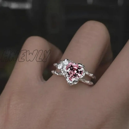 xsrrr Y2K Pink Crystal Bowknot Zircon Rings for Women Fashion Sweet Lovely Girl Open Adjustable Ring Kpop Party Jewelry Gift