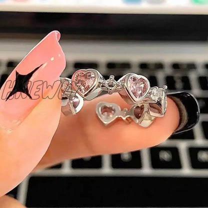 xsrrr Y2K Pink Crystal Bowknot Zircon Rings for Women Fashion Sweet Lovely Girl Open Adjustable Ring Kpop Party Jewelry Gift