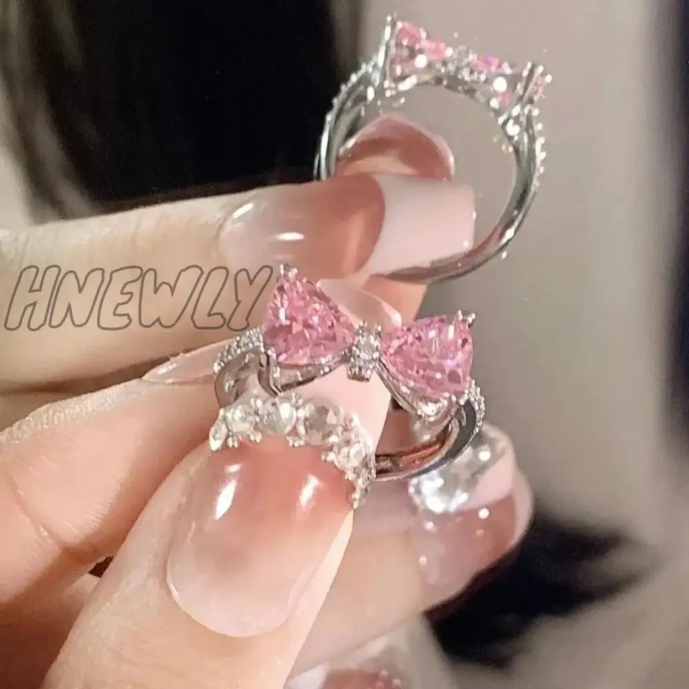 xsrrr Y2K Pink Crystal Bowknot Zircon Rings for Women Fashion Sweet Lovely Girl Open Adjustable Ring Kpop Party Jewelry Gift