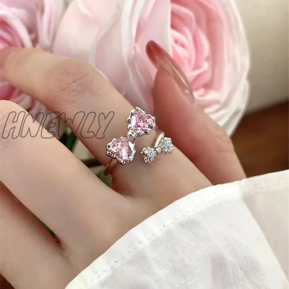 xsrrr Y2K Pink Crystal Bowknot Zircon Rings for Women Fashion Sweet Lovely Girl Open Adjustable Ring Kpop Party Jewelry Gift