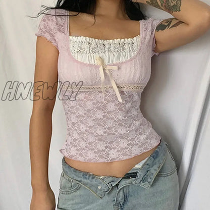 xsrrr y2k Pink Trim Crop Top Bow Cute Sweet T Shirt Women Retro Short Sleeve Lace Patched Summer Tee Prepply Korean Tshirt