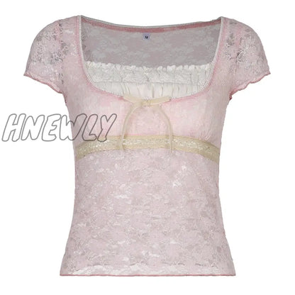 xsrrr y2k Pink Trim Crop Top Bow Cute Sweet T Shirt Women Retro Short Sleeve Lace Patched Summer Tee Prepply Korean Tshirt