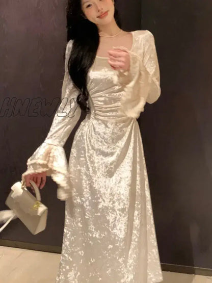 Hnewly Y2K Solid Velvet Maxi Dress Women Flare Sleeve Square Collar Waist Slimming A-line Autumn Winter Evening Party Prom Robe Vestido