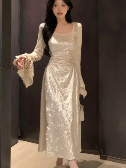 Hnewly Y2K Solid Velvet Maxi Dress Women Flare Sleeve Square Collar Waist Slimming A-line Autumn Winter Evening Party Prom Robe Vestido