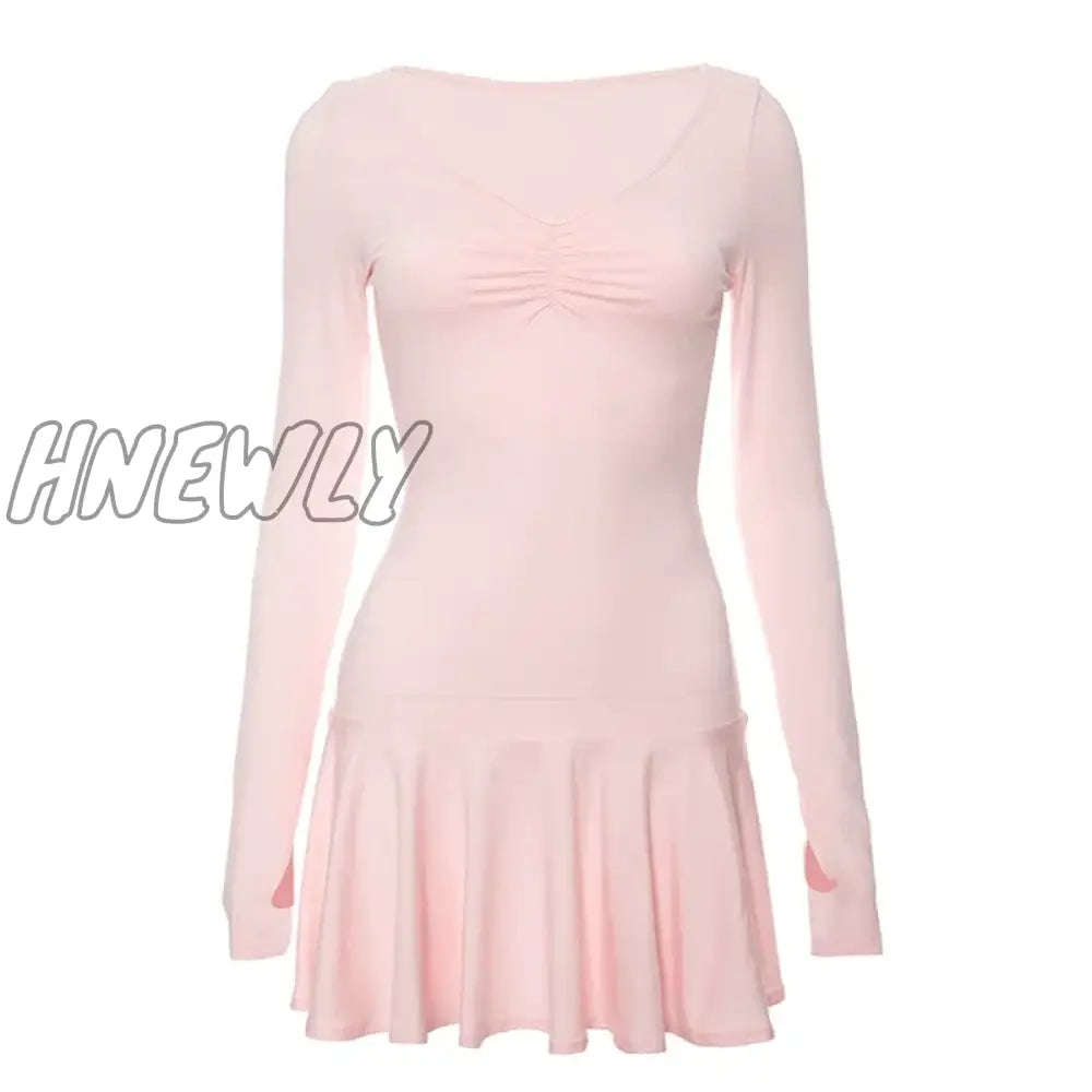 xsrrr Y2K Sweet Cute Girl Pink A-line Mini Dress Fairycore Kawaii Ruched V Neck Long Sleeve Pleated Dress Women Club Party Streetwear