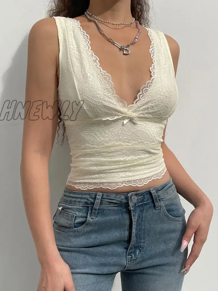 xsrrr Y2K Sweet Cute V Neck Bodycon Sexy Tank Top Fashion 2000s Aesthetic Summer Cropped Vest Slim Bow Lace Top Women Cloth