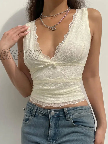 xsrrr Y2K Sweet Cute V Neck Bodycon Sexy Tank Top Fashion 2000s Aesthetic Summer Cropped Vest Slim Bow Lace Top Women Cloth