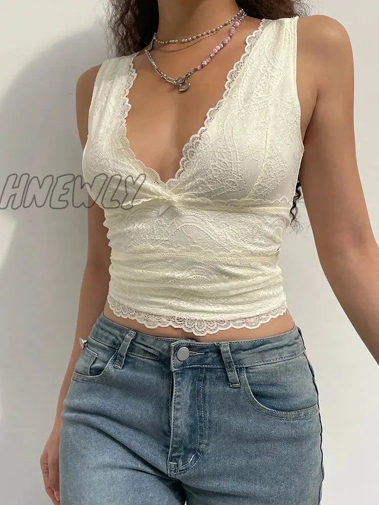 xsrrr Y2K Sweet Cute V Neck Bodycon Sexy Tank Top Fashion 2000s Aesthetic Summer Cropped Vest Slim Bow Lace Top Women Cloth