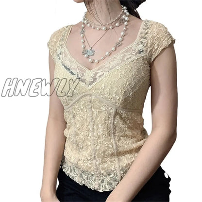 xsrrr Y2K Sweet Lace Crop Tops V-neck Harajuku Milkmaid Fashion Grunge Clothes Short Sleeves Slim Casual Corset Tshirts