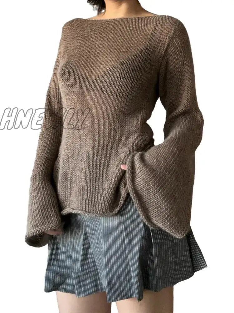 xsrrr Y2K Tie Back Sweaters Women Long Sleeve Boat Neck Solid Color Knitted Pullover Casual Crochet Tops 2024 Fall New