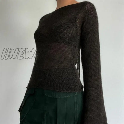 xsrrr Y2K Tie Back Sweaters Women Long Sleeve Boat Neck Solid Color Knitted Pullover Casual Crochet Tops 2024 Fall New