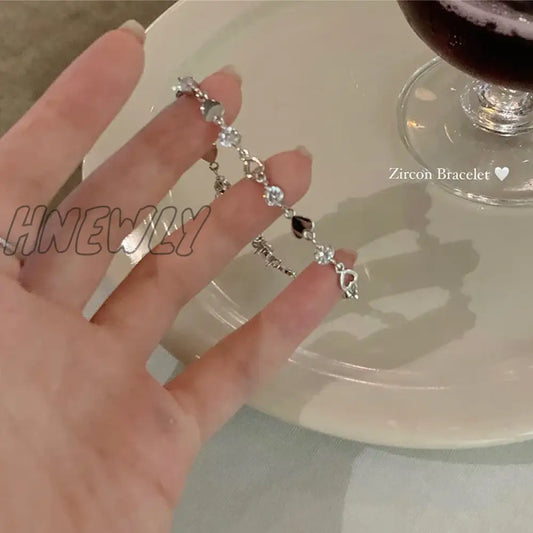 xsrrr Y2K Zircon Ins Bracelets for Women Korean Fashion Sweet Girls Sparkling Hollow Heart Delicate Chain Bracelet Party Jewelry Gifts