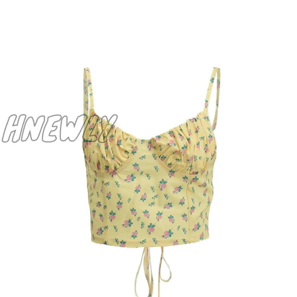 xsrrr Yellow Floral Print Sleeveless Camis Crop Tops Sexy Backless Lace Up Summer Straps Cropped Top Feminino