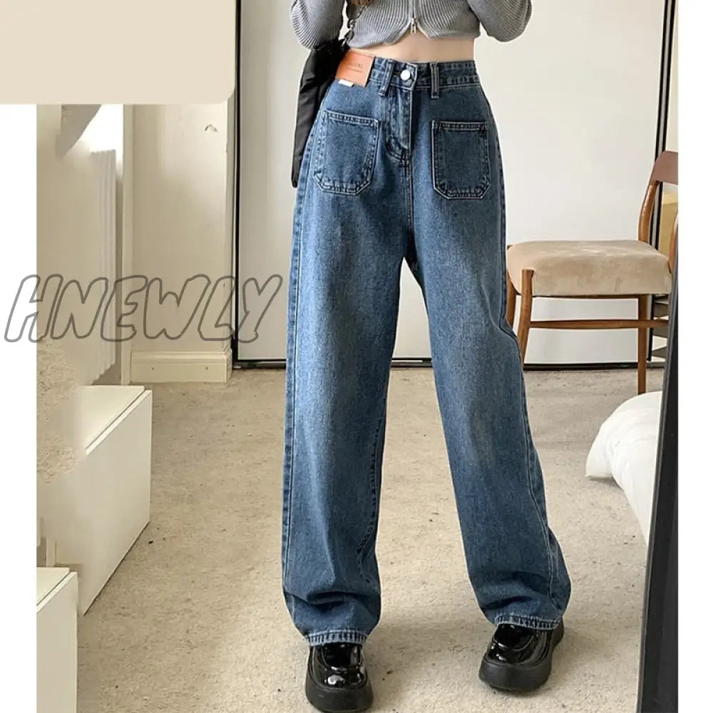 Jeans straight pants for women plus size new high-waisted slimming wide-leg pants women's casual loose retro denim trousers