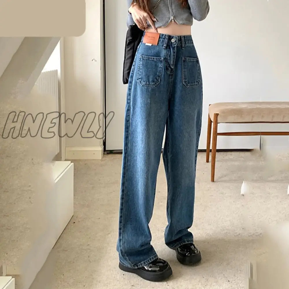 Jeans straight pants for women plus size new high-waisted slimming wide-leg pants women's casual loose retro denim trousers