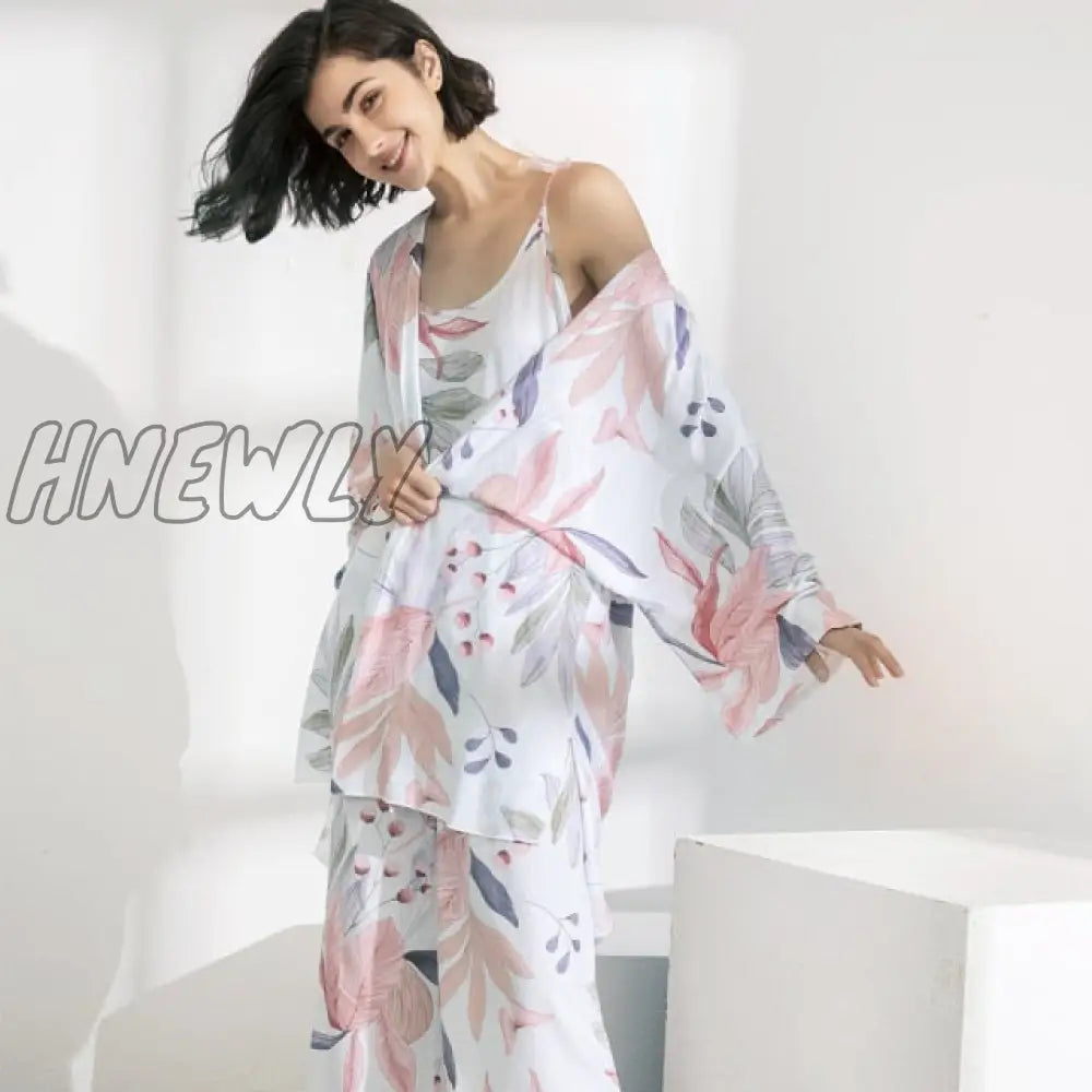 July‘s Song 3 Pcs Women Pajamas Set Viscose Floral Printed Female Pyjama Loose Sleepwear Nightwear Spring Summer Lounge Wear