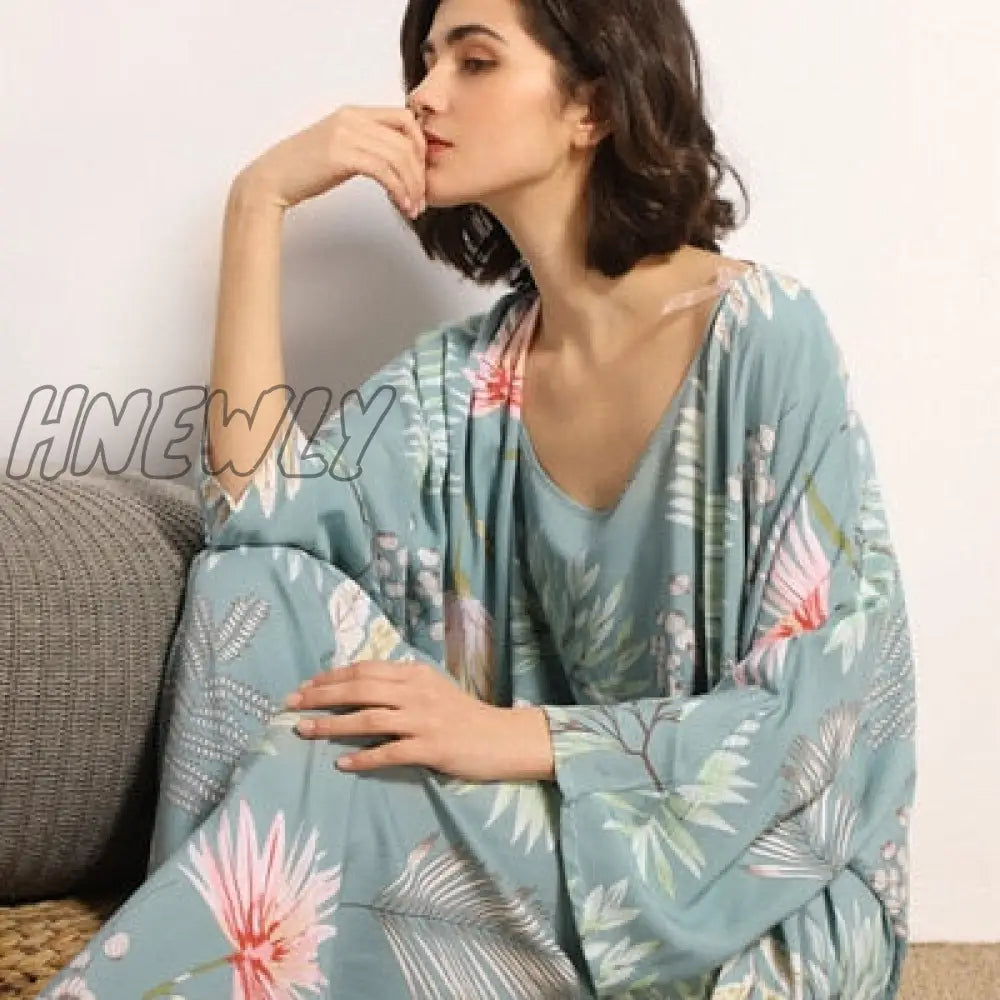 July‘s Song 3 Pcs Women Pajamas Set Viscose Floral Printed Female Pyjama Loose Sleepwear Nightwear Spring Summer Lounge Wear