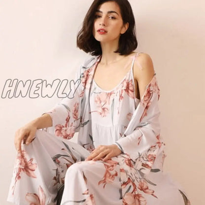 July‘s Song 3 Pcs Women Pajamas Set Viscose Floral Printed Female Pyjama Loose Sleepwear Nightwear Spring Summer Lounge Wear