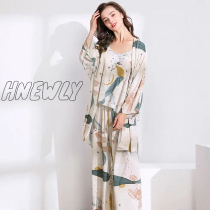 July‘s Song 3 Pcs Women Pajamas Set Viscose Floral Printed Female Pyjama Loose Sleepwear Nightwear Spring Summer Lounge Wear