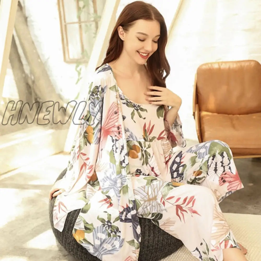 July‘s Song 3 Pcs Women Pajamas Set Viscose Floral Printed Female Pyjama Loose Sleepwear Nightwear Spring Summer Lounge Wear