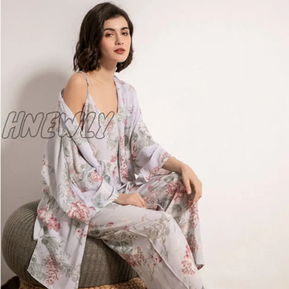 July‘s Song 3 Pcs Women Pajamas Set Viscose Floral Printed Female Pyjama Loose Sleepwear Nightwear Spring Summer Lounge Wear