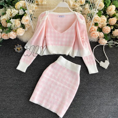 Korean Sweet Knit Plaid Cardigans + Camisole + Skirts 3pcs Sets Girls Short Sweater Coat + Vest + Mini Skirt Suits Women Outfits