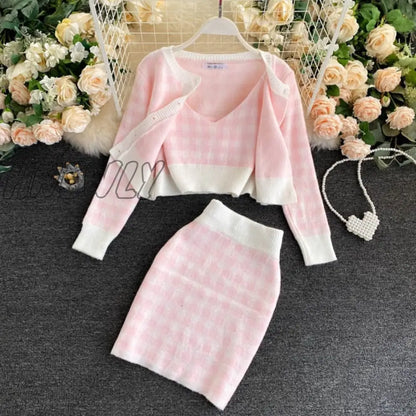 Korean Sweet Knit Plaid Cardigans + Camisole + Skirts 3pcs Sets Girls Short Sweater Coat + Vest + Mini Skirt Suits Women Outfits