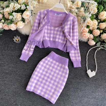 Korean Sweet Knit Plaid Cardigans + Camisole + Skirts 3pcs Sets Girls Short Sweater Coat + Vest + Mini Skirt Suits Women Outfits