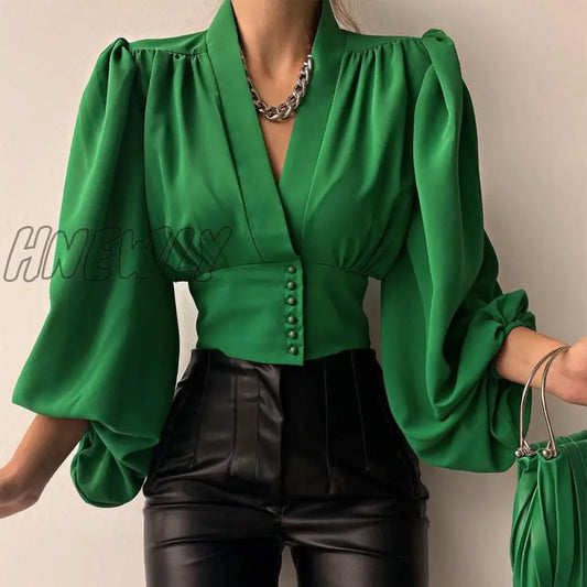 Lantern Sleeve Women's Shirt Deep V-neck Corset Green Spring Autumn Blouses Women New Fashion Office Lady Shirts Tops