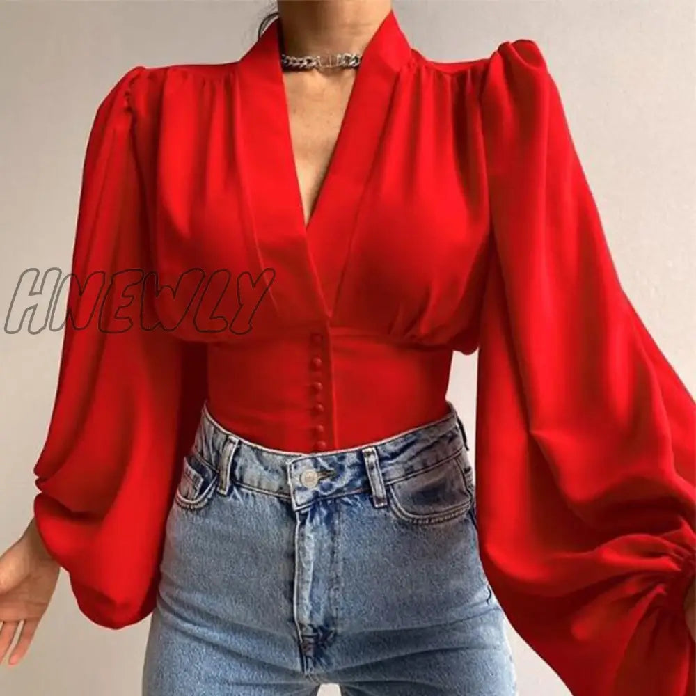 Lantern Sleeve Women's Shirt Deep V-neck Corset Green Spring Autumn Blouses Women New Fashion Office Lady Shirts Tops