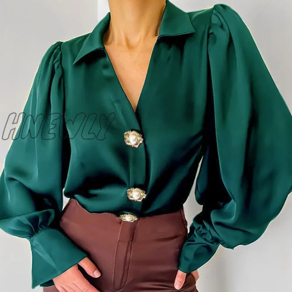 Lantern Sleeve Women's Shirt Deep V-neck Corset Green Spring Autumn Blouses Women New Fashion Office Lady Shirts Tops