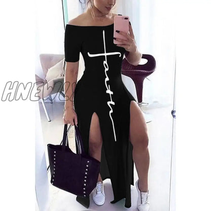 Letter Pattern Off Shoulder Split Maxi Dress Women Fall Winter Short Sleeve Sheath Casual Fashion Sexy Club Long Dresses