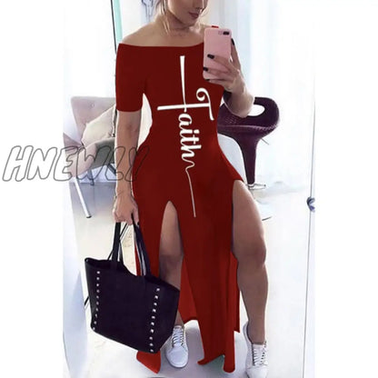 Letter Pattern Off Shoulder Split Maxi Dress Women Fall Winter Short Sleeve Sheath Casual Fashion Sexy Club Long Dresses