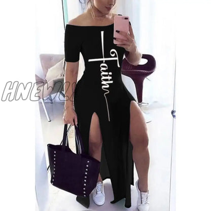 Letter Pattern Off Shoulder Split Maxi Dress Women Fall Winter Short Sleeve Sheath Casual Fashion Sexy Club Long Dresses