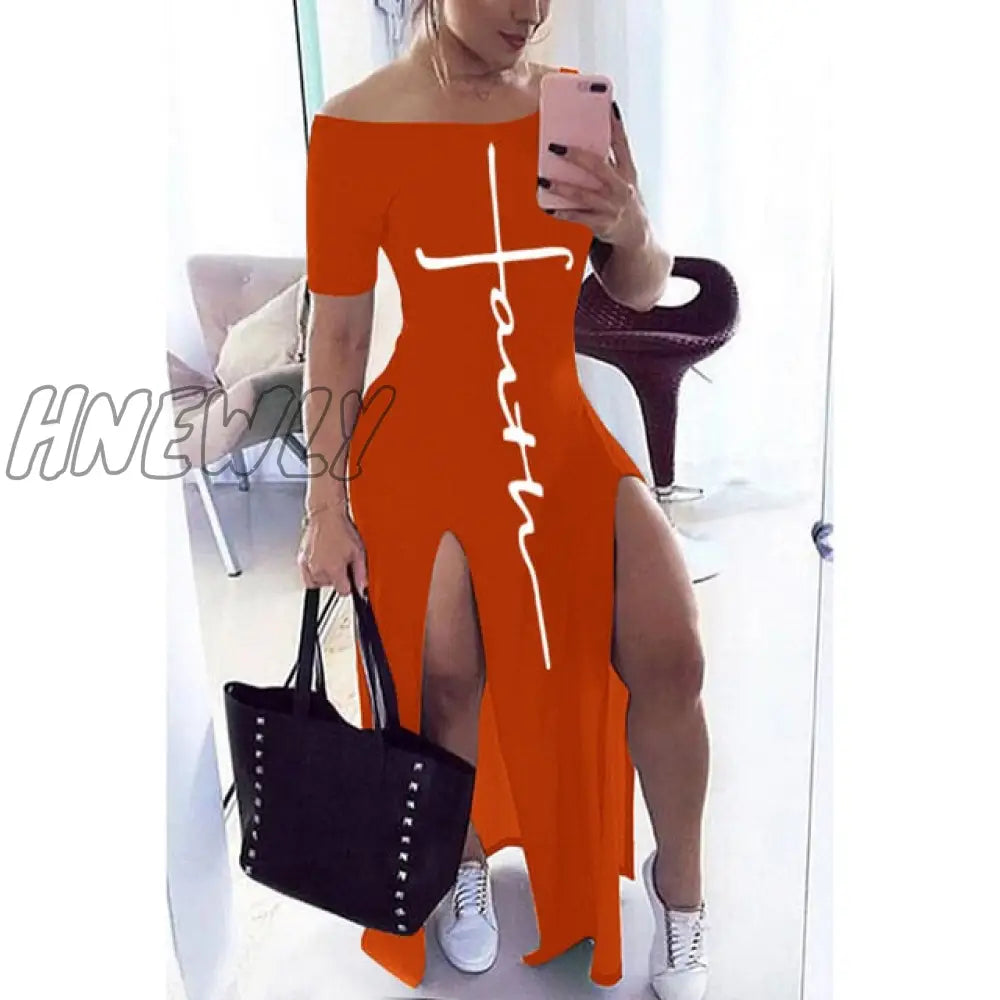 Letter Pattern Off Shoulder Split Maxi Dress Women Fall Winter Short Sleeve Sheath Casual Fashion Sexy Club Long Dresses